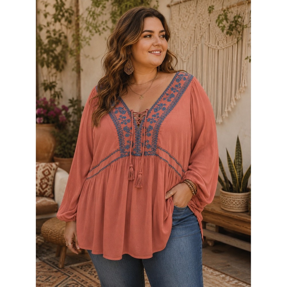 TORRID‎ Size 2 2X Orange Babydoll Top Blue Embroidered Flowers -2242